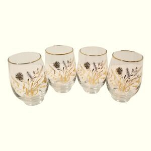Vintage Set 4 Libbey Roly Poly Golden Wheat & Flower Drinking Glasses Tumblers
